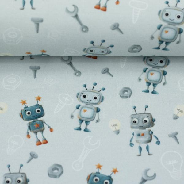 Baumwolljersey Hello Robot! Grau/grün by Swafing von Mrs. Mint Design